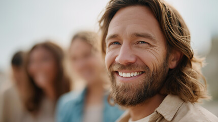 Fototapeta premium Faceless Jesus smiling portrait, group of followers, real photography testimonies, joyful savior with disciples, happy messiah among believers, defocused smiling face, with copy sp