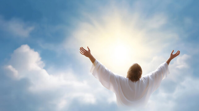 Faceless heaven and cross love and faith and salvation concept of Jesus Christ reaching out with open arms in sky and resurrected Christ, defocused figure welcoming, with copy spac