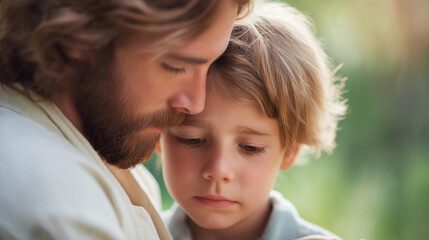 Faceless Jesus comforting crying child, soft light creating tender and compassionate scene, divine consolation, holy figure soothing distressed youth, defocused faces, with copy sp