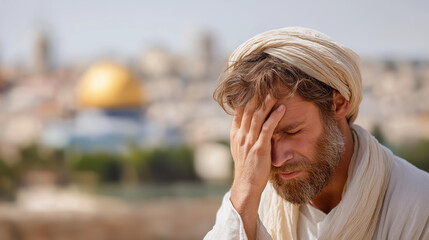 Faceless upset Jesus Christ against background of Jerusalem temple, troubled savior, distressed messiah, religious anguish moment, spiritual sorrow scene, defocused face, with copy