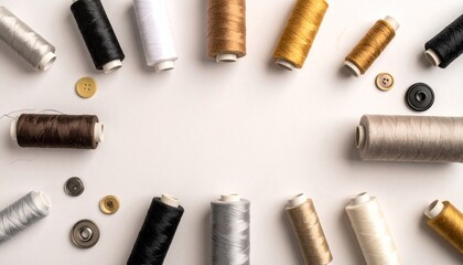 Circular arrangement of colorful sewing threads with buttons, needle, and pin on a beige surface.