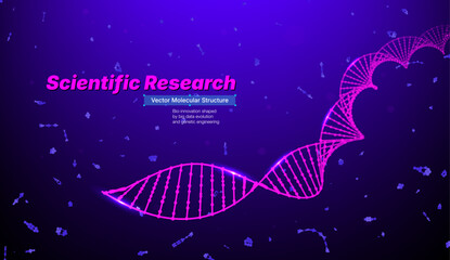 Scientific research vector banner with pink DNA helix on blue background. Concept of genetic engineering, biotech and medtech innovation for molecular biology, genome evolution and medicine.