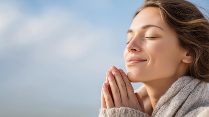 Faceless thankful person meditating opening eye to sky with hope and faith smiling in contemplation, spiritual reflection, grateful prayer, defocused face in peaceful moment, with