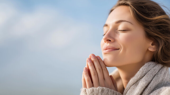 Faceless thankful person meditating opening eye to sky with hope and faith smiling in contemplation, spiritual reflection, grateful prayer, defocused face in peaceful moment, with