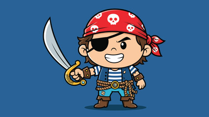 Cute cartoon pirate boy with sword and eye patch.
