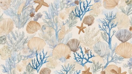Watercolor Sea Life Pattern - Starfish, Shells, and Coral Reef.