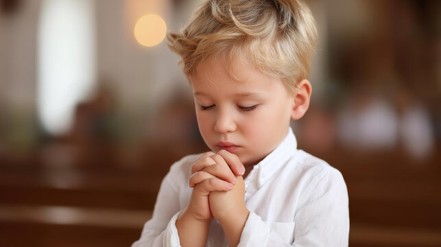 Faceless cute small boy praying in church and Jesus giving blessing, cinematic effect studios light, child prayer and divine blessing, defocused faces, with copy space
