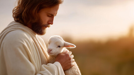 Faceless Jesus Christ tenderly holding lamb at sunrise in peaceful scene, gentle shepherd, dawn pastoral moment, compassionate care, morning religious imagery, defocused figure, wi