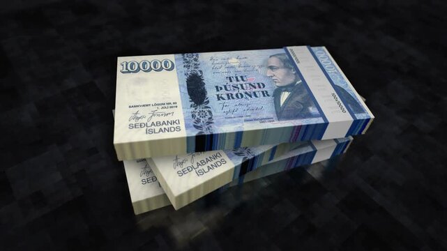 Iceland krona Icelandic money pile pack. Concept background of economy, banking, business, crisis, recession, debt and finance. 10000 ISK banknotes stacks 3d animation.