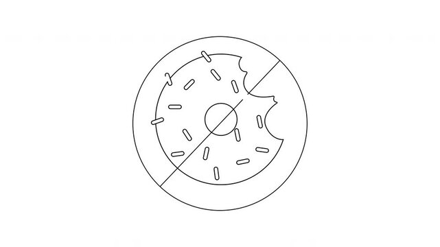 Line art of a donut with sprinkles and a bite divided by a diagonal line within a circle