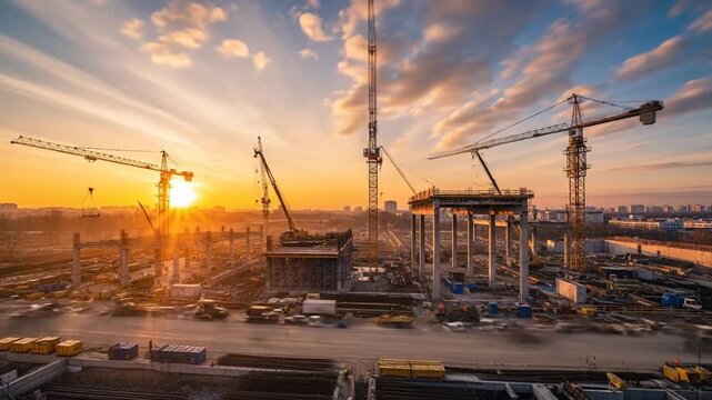 Construction Site at Sunset - Cranes and Buildings Under Development.