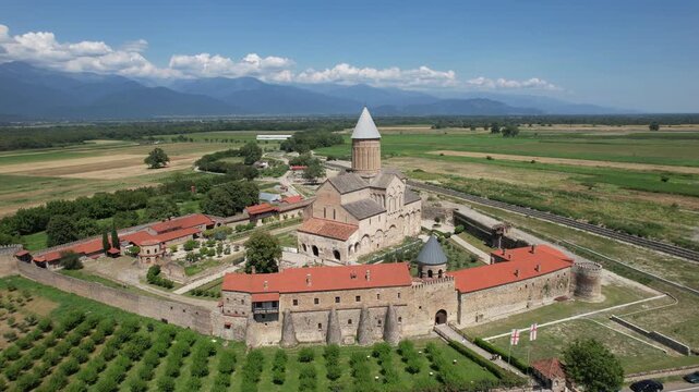 Aerial panoramic view of the Alaverdi Monastery Complex in Kakheti, eastern Georgia.