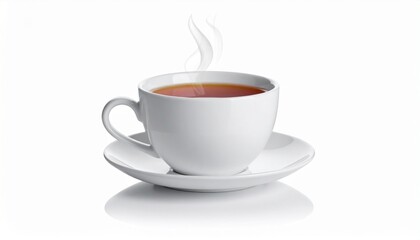Cup of hot tea with steam rising, placed on a white saucer, ready for enjoyment in a cozy setting