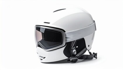 Ski helmet with goggles rests on a table indoors near a winter sports area