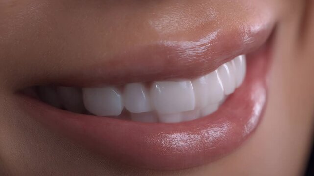 A woman's bright, radiant smile showcases her perfectly aligned, white teeth and soft pink lips, conveying confidence and beauty