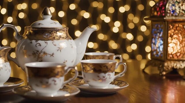 Elegant porcelain tea set with ornate gold detailing, illuminated by soft, warm bokeh lights.