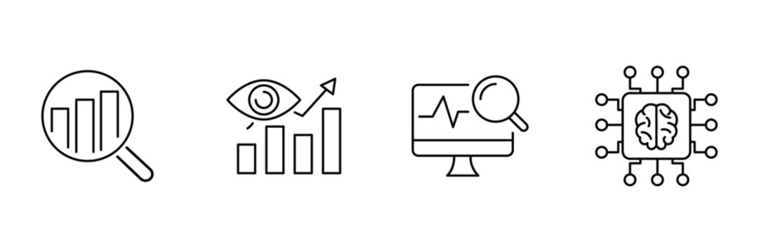 Architecture workflow icon set, engineer reviewing plan, project team meeting, site layout supervision, city building inspection professional outline illustration.