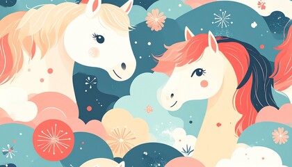 パステルカラーの可愛い馬と和のポップ柄：午年の年賀状や雑貨に最適な北欧風和モダン背景