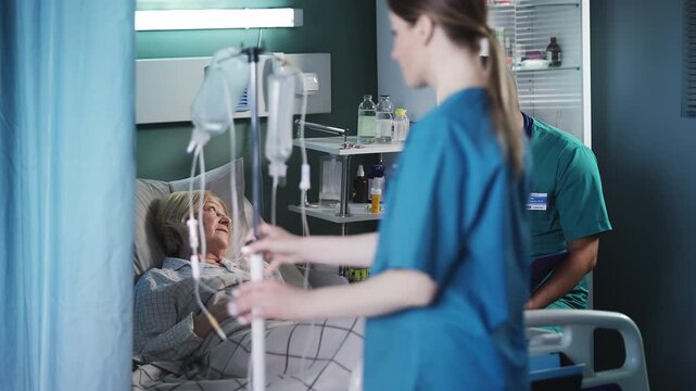 Doctor speaking with senior ICU patient while nurse adjusts IV drip system