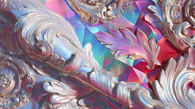 Ornate baroque leaf and scroll pattern in iridescent metal on a colorful faceted gemstone background for abstract design.