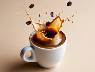 A white coffee cup with splashing coffee and beans