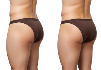 Rear view of man's lower back, buttocks, upper thighs in dark thong; left cellulite, right smooth, red line separates on transparent background, cosmetic result concept