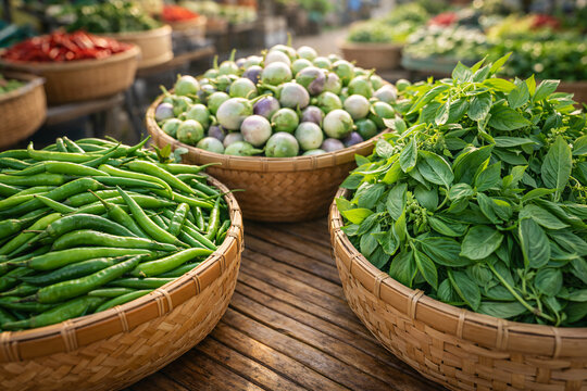A colorful display of fresh Thai chilies, eggplants, and herbs at an open-air market - Powered by Adobe