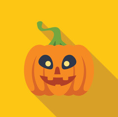 Fototapeta premium Halloween pumpkin with a carved smiling face and glowing eyes on a yellow background with a long shadow, perfect for halloween projects