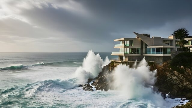 Modern house perched on a cliff overlooking stormy ocean waves crashing against rocks