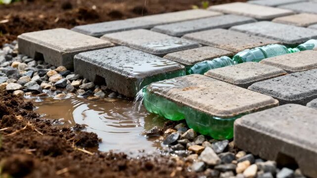 Medium shot of ecobricks being installed to create a permeable pavement allowing rainwater to naturally absorb into the ground