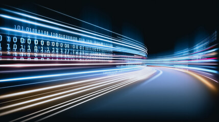 A dynamic digital pathway, composed of vibrant light trails and binary code. The visual encapsulates the essence of modern digital acceleration and interconnectedness.