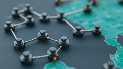 A meticulously crafted network of interconnected nodes intricately overlays a world map, symbolizing global connection and digital evolution. 