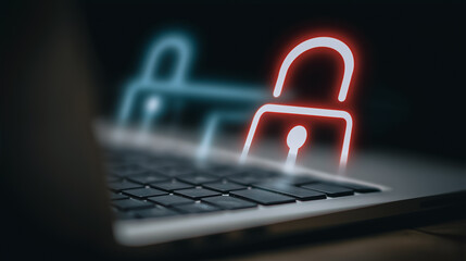 A laptop's keyboard is illuminated with a red padlock icon, symbolizing data security and internet privacy. The photo provides a visual of data protection and cyber security.