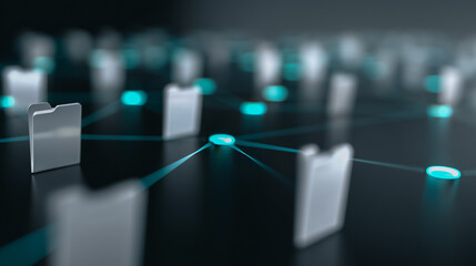 Abstracted representation of interconnected digital files, each represented by a sleek folder icon, linked by glowing lines, symbolizing the essence of data connectivity.