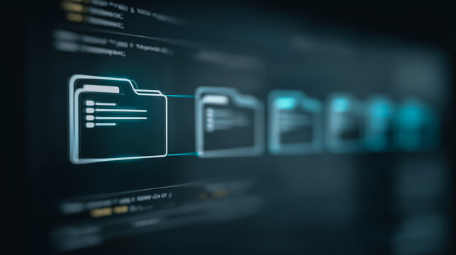 Digital file management, visualized through stylized folder icons linked on a sleek, modern screen interface. Capturing the essence of data organization and the digital realm. - Powered by Adobe