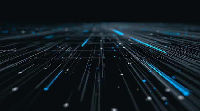 A digital landscape of interconnected data streams in a dynamic, low-angle perspective, conveying the intricate networks of information flow.