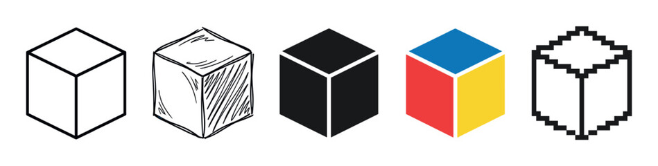 Collection of five cube icons showing different graphic design styles, including outline, hand-drawn sketch, solid silhouette, primary colors, and pixel art versions