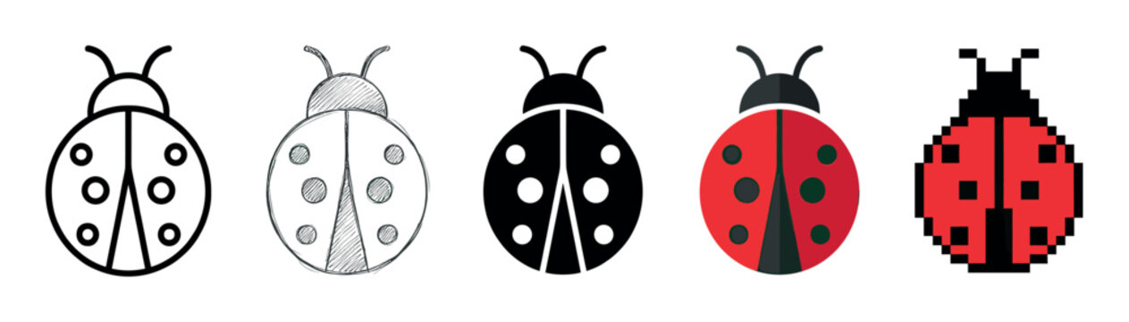 Set of five ladybug icons presented in a row, showcasing different artistic styles from simple outline and sketch to modern flat design, silhouette, and pixel art