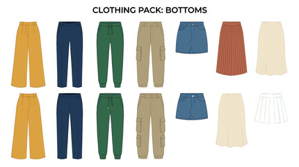 Various colorful women's fashion bottom garments are neatly arranged, featuring a collection of pants and skirts in different styles and hues, presented as clean, flat vector illustrations