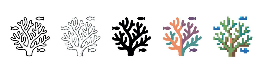Obraz premium Collection of coral and fish icons presented in five unique graphic styles from simple line art and sketch to modern flat design, solid silhouette, and retro pixel art