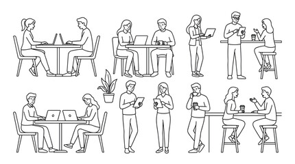 Fototapeta premium Set of black line art illustrations of people working in a modern office or coworking space, using laptops, having meetings, and drinking coffee in a minimalist doodle style