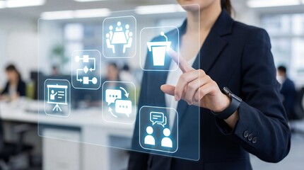 Businesswoman touching transparent digital interface with communication, presentation, workflow and meeting icons, illustrating corporate interaction, leadership, teamwork and modern business process.
