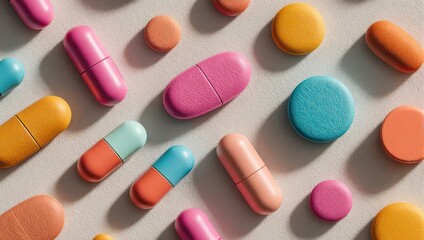 Colorful Assortment of Pills and Capsules on White Background.