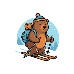 Naklejka premium Adorable cartoon bear character equipped with skis and a backpack, happily gliding through a winter wonderland, embodying the spirit of outdoor adventure and cold-weather fun