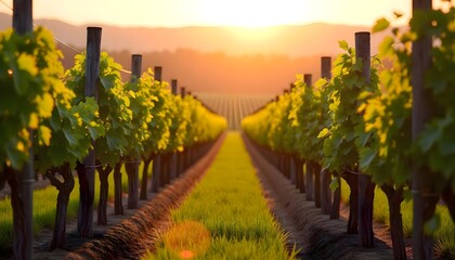 Rows of grape vines stretching across a vineyard at sunset, rural agricultural landscape capturing wine country scenery with warm evening light