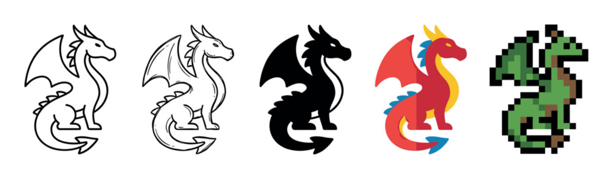 Set of five dragon icons in different artistic styles from simple line art and silhouette to colorful flat design and retro pixel art for graphic design or gaming concepts