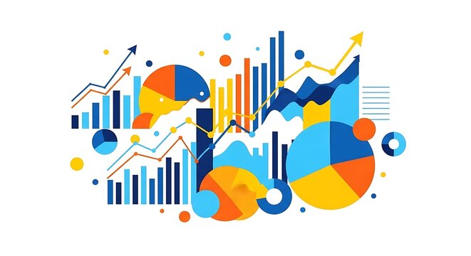 Abstract colorful data visualization with charts, graphs, and pie charts, isolated on white background - Powered by Adobe