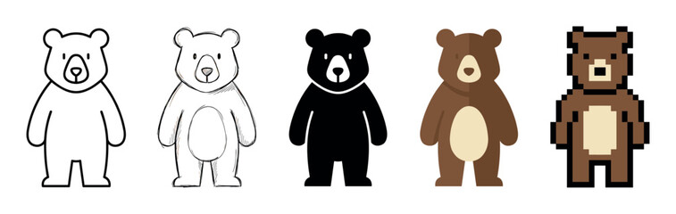 Obraz premium Set of five bear character illustrations showcases various graphic design styles, including line art, a hand-drawn sketch, a solid silhouette, flat vector, and retro pixel art