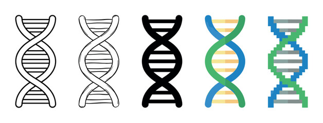 Collection of DNA helix icons in various graphic design styles including outline, doodle, silhouette, flat color, and pixel art, representing genetics and biotechnology