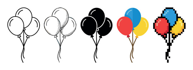 Collection of five balloon bunch icons showing different graphic design styles including line art, sketch, silhouette, flat design, and colorful pixel art for celebration themes